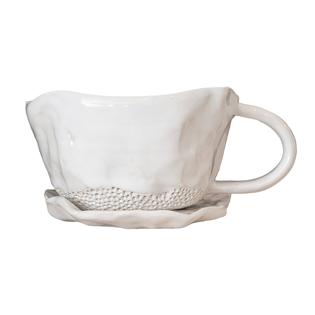 BLOOM MUG + SAUCER SET | HANDMADE CERAMIC | WHITE - Green Design Gallery