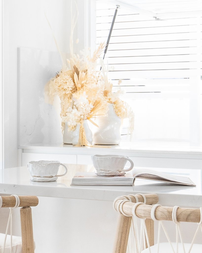 BLOOM MUG + SAUCER SET | HANDMADE CERAMIC | WHITE - Green Design Gallery