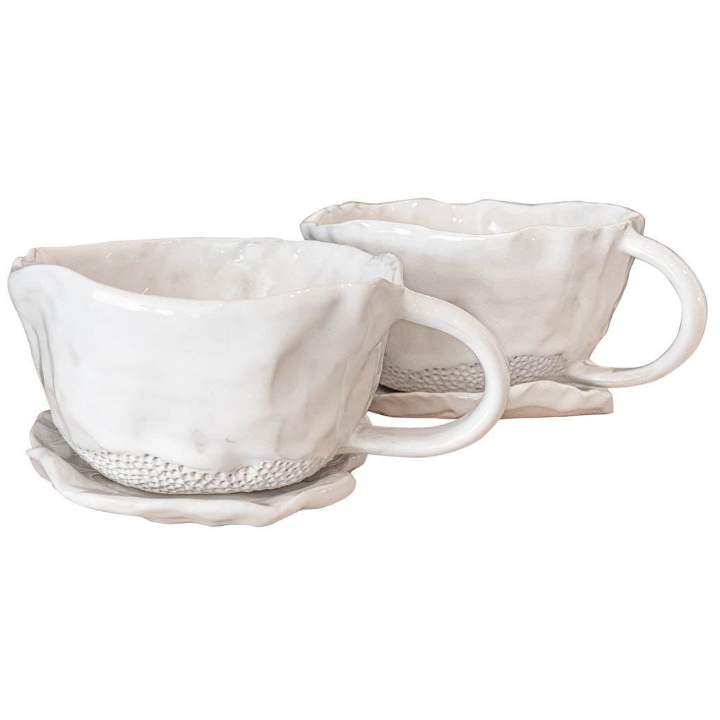 BLOOM MUG + SAUCER SET | HANDMADE CERAMIC | WHITE - Green Design Gallery