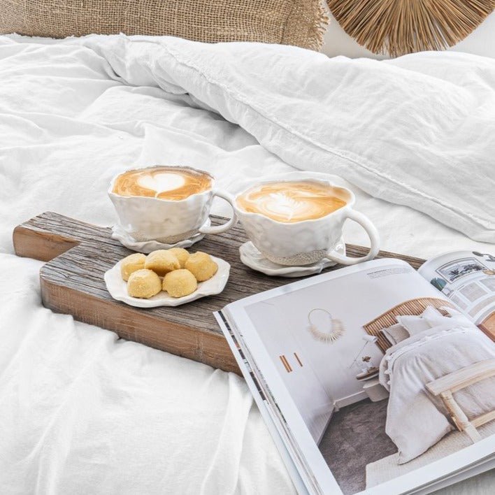 BLOOM MUG + SAUCER SET | HANDMADE CERAMIC | WHITE - Green Design Gallery