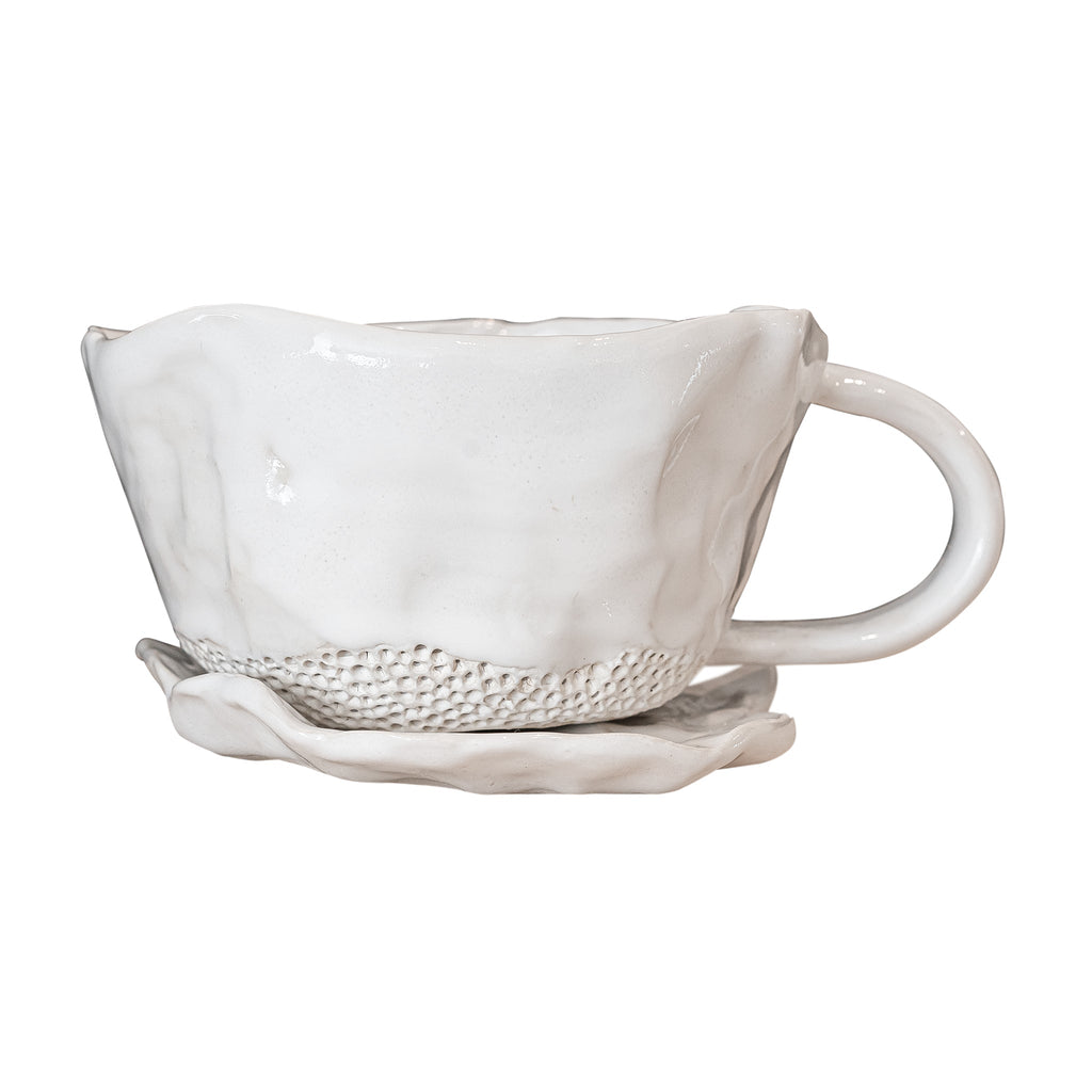 BLOOM MUG + SAUCER SET | HANDMADE CERAMIC | WHITE - Green Design Gallery