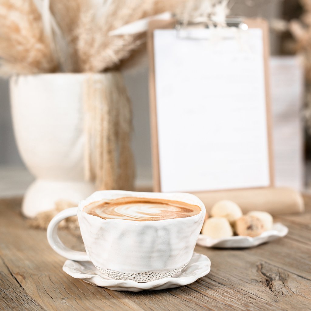 BLOOM MUG + SAUCER SET | HANDMADE CERAMIC | WHITE - Green Design Gallery