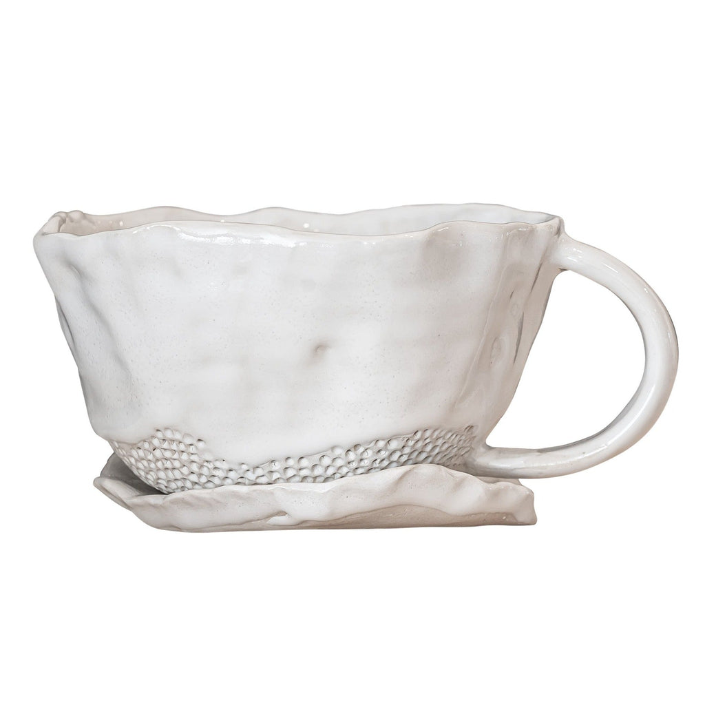 BLOOM MUG + SAUCER SET | HANDMADE CERAMIC | WHITE - Green Design Gallery