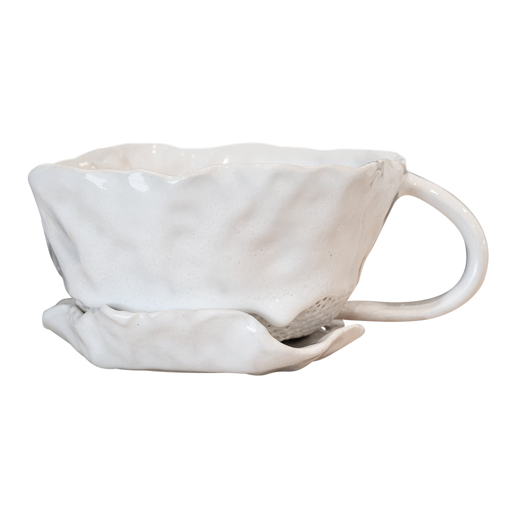 BLOOM MUG + SAUCER SET | HANDMADE CERAMIC | WHITE - Green Design Gallery