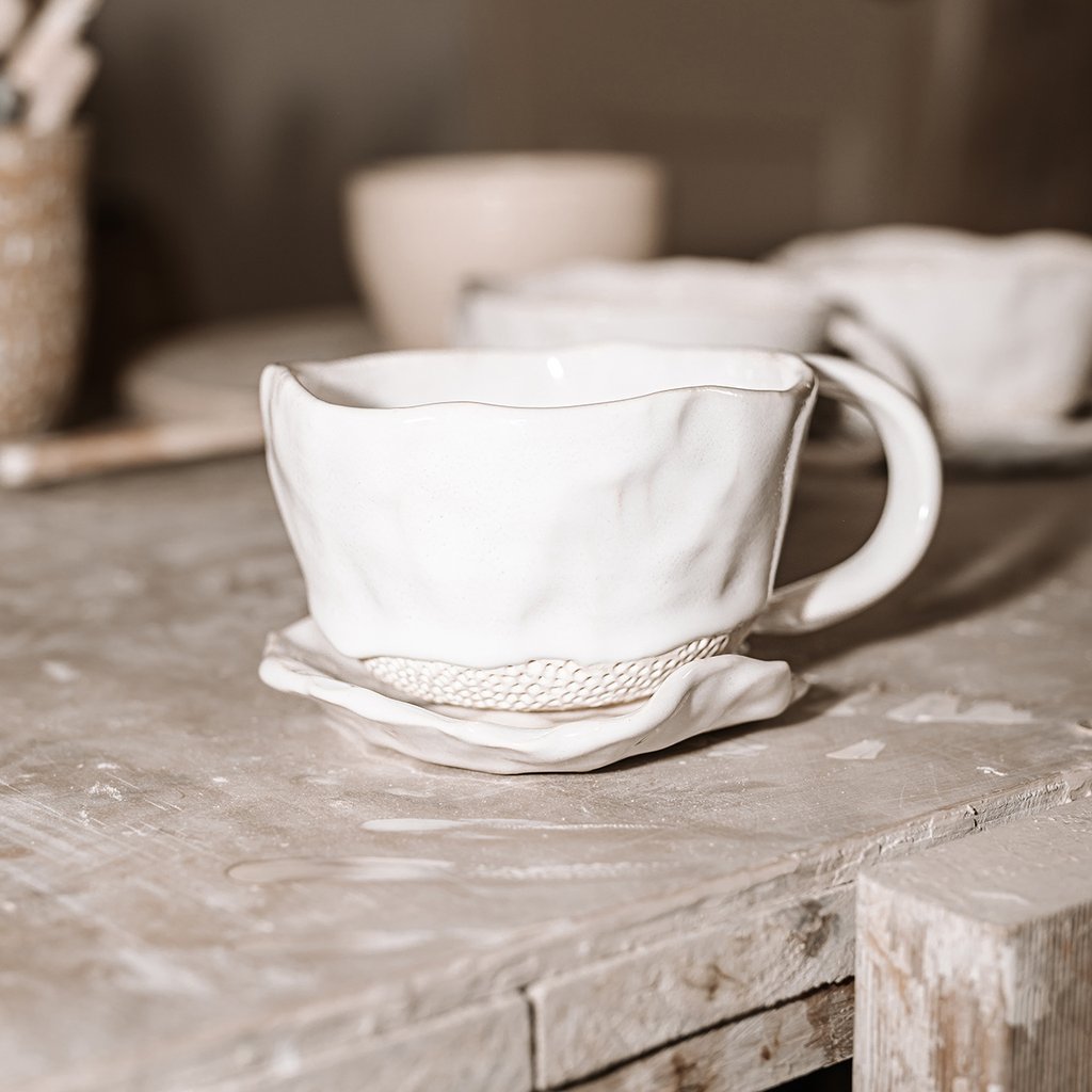 BLOOM MUG + SAUCER SET | HANDMADE CERAMIC | WHITE - Green Design Gallery