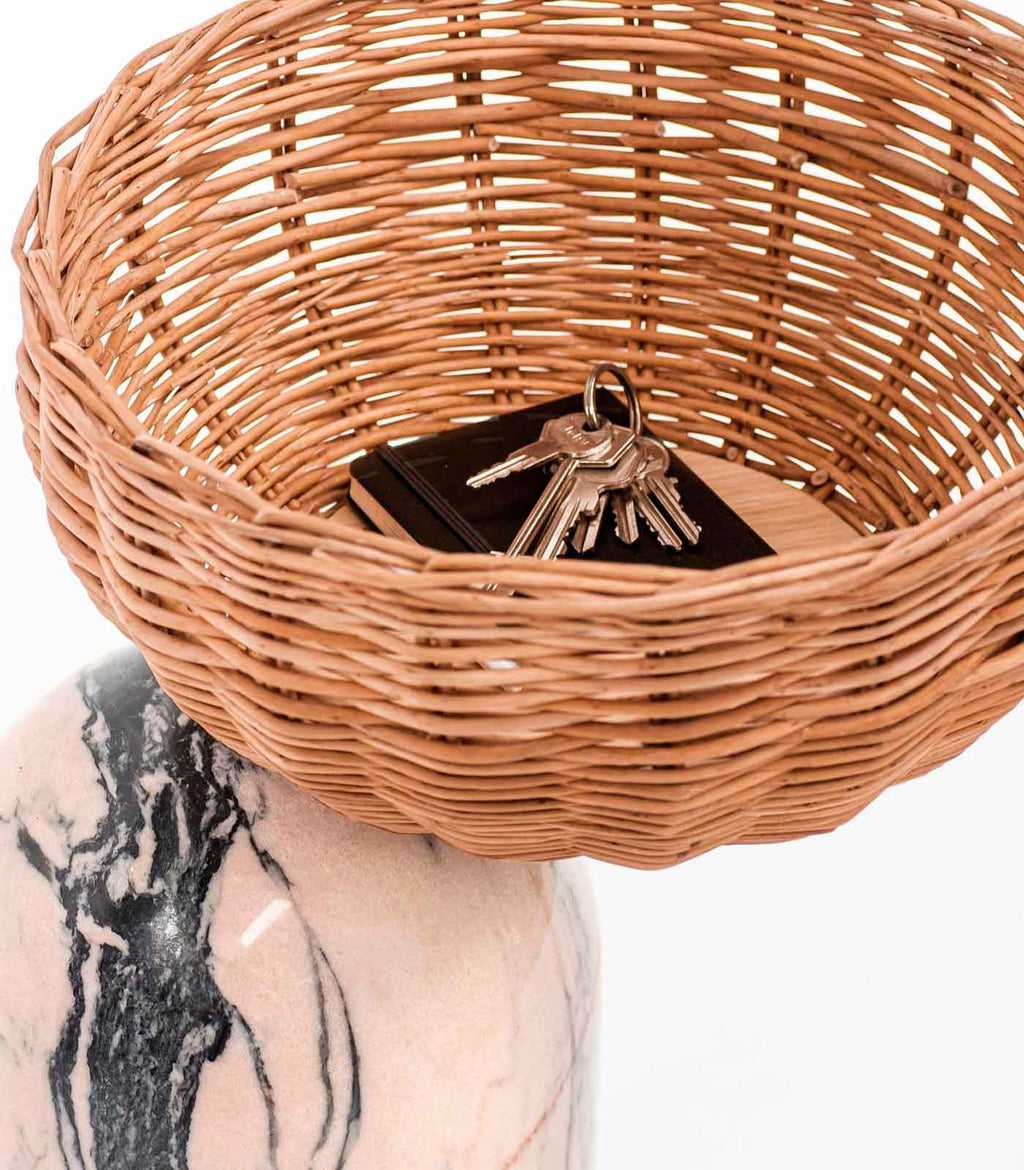 CELESTE SIDE TABLE | MARBLE BASE +WICKER BASKET - Green Design Gallery