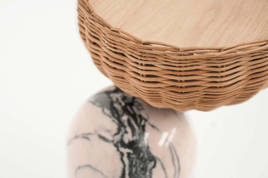 CELESTE SIDE TABLE | MARBLE BASE +WICKER BASKET - Green Design Gallery