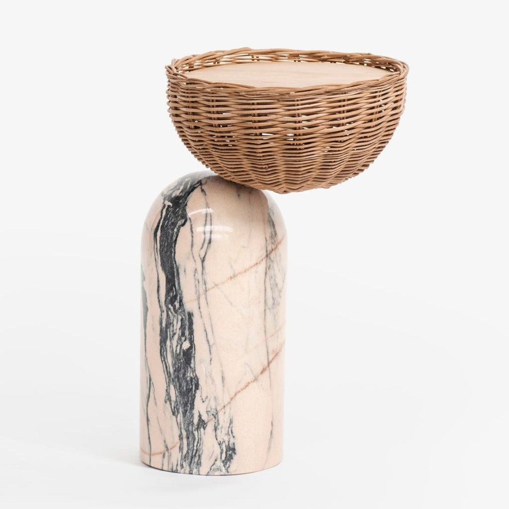 CELESTE SIDE TABLE | MARBLE BASE +WICKER BASKET - Green Design Gallery