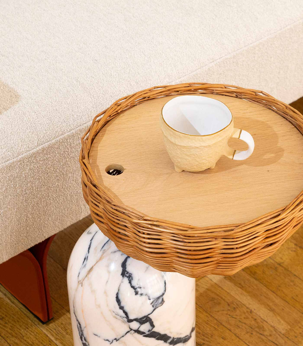 CELESTE SIDE TABLE | MARBLE BASE +WICKER BASKET - Green Design Gallery