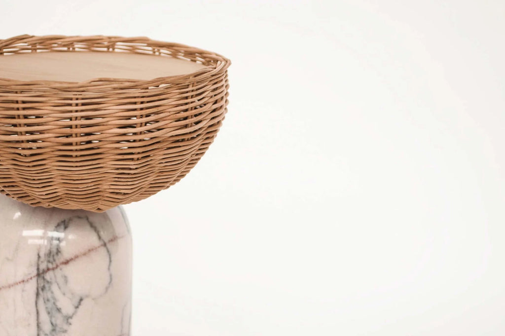 CELESTE SIDE TABLE | MARBLE BASE +WICKER BASKET - Green Design Gallery