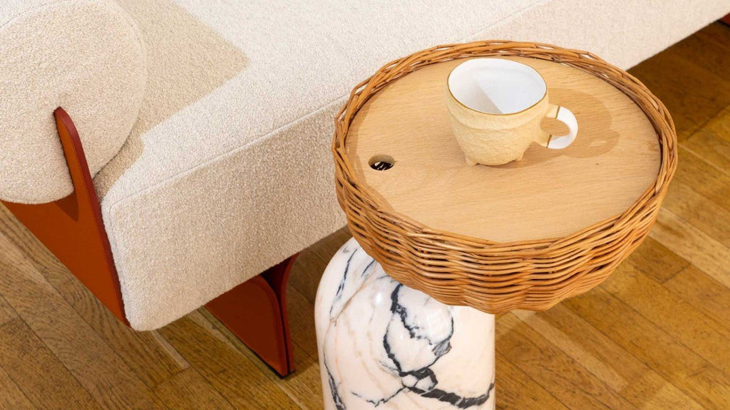 CELESTE SIDE TABLE | MARBLE BASE +WICKER BASKET - Green Design Gallery