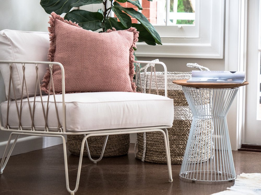 EDEN CAGE SIDE TABLE / TEAK + WHITE METAL - Green Design Gallery