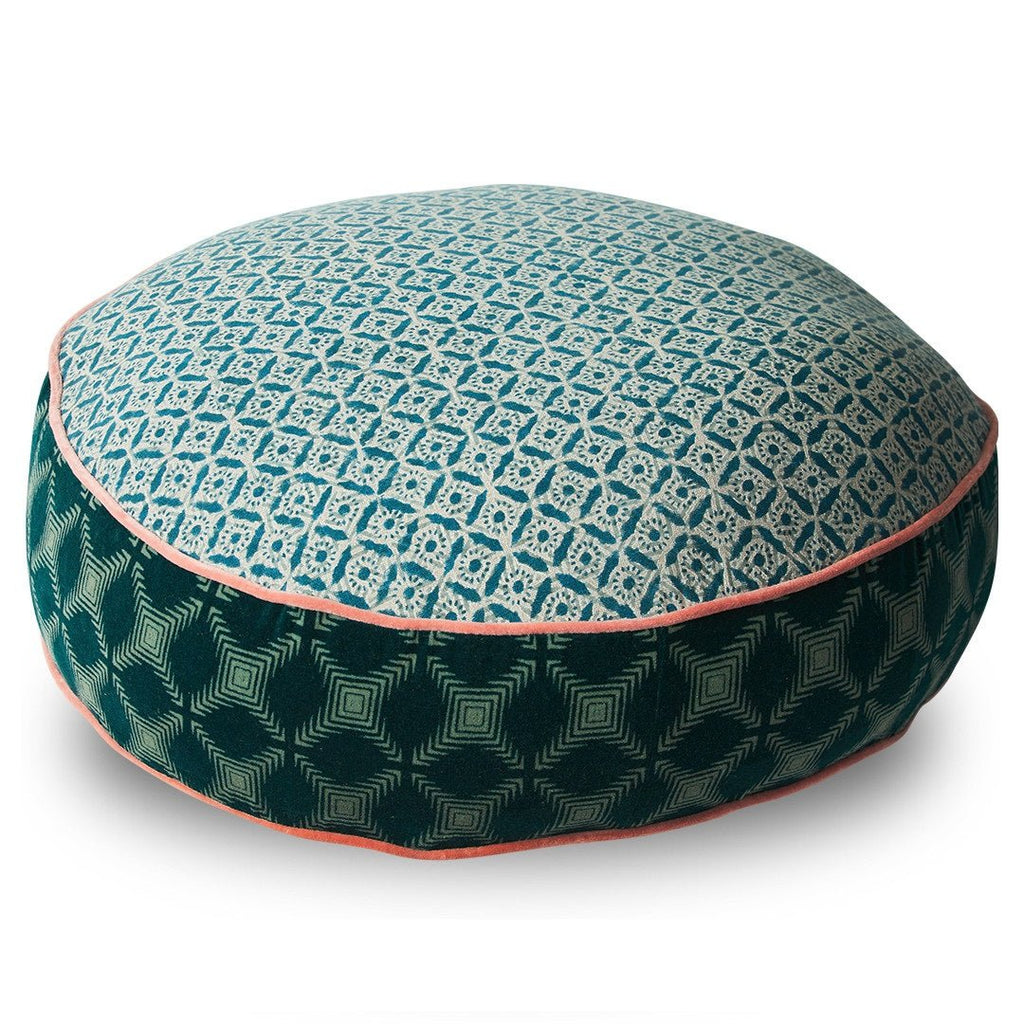 FAMILIA LOOM ROUND FLOOR CUSHION | PEACOCK + CORAL - Green Design Gallery