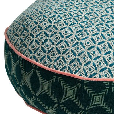 FAMILIA LOOM ROUND FLOOR CUSHION | PEACOCK + CORAL - Green Design Gallery