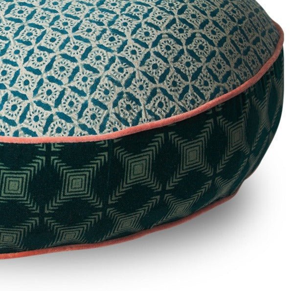 FAMILIA LOOM ROUND FLOOR CUSHION | PEACOCK + CORAL - Green Design Gallery
