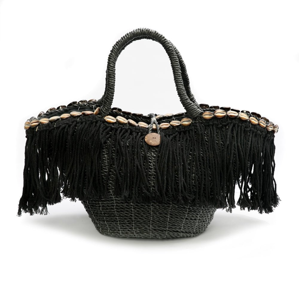 FRINGE MACRAME BEACH BAG - BASKET / BLACK - Green Design Gallery
