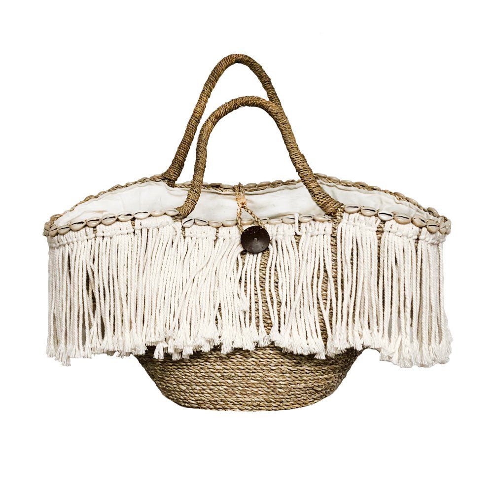 FRINGE MACRAME BEACH BAG - BASKET / NATURAL - Green Design Gallery