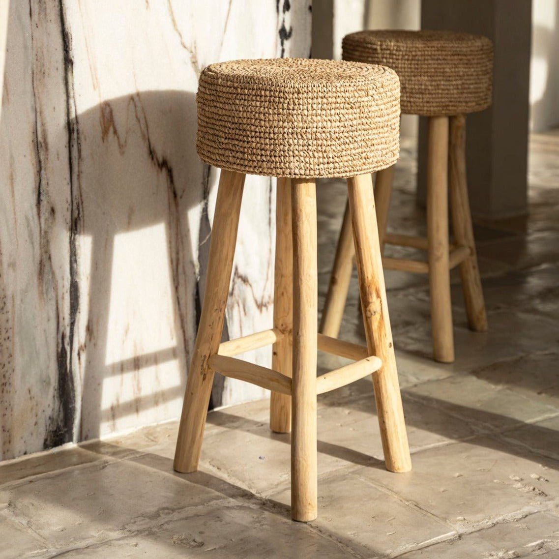 JUNO BAR STOOL | RECLAIMED TEAK +RAFFIA | IN-OUTDOORS– Green Design Gallery