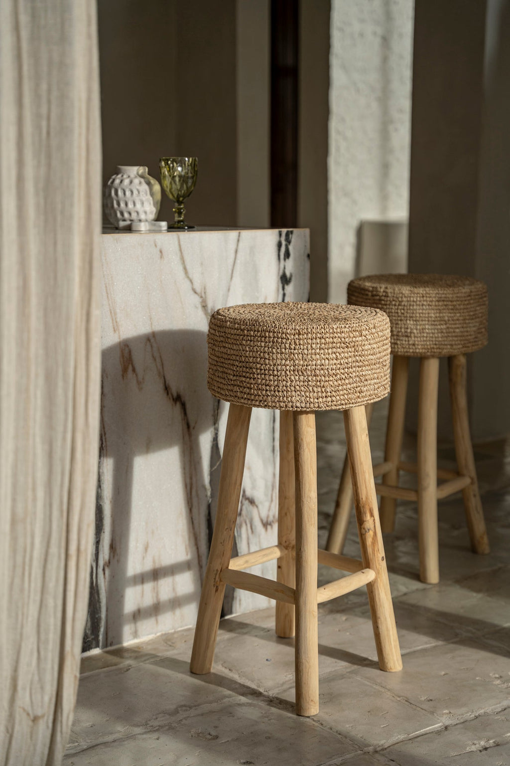JUNO TALL STOOL | RECLAIMED TEAK +RAFFIA | IN-OUTDOORS - Green Design Gallery