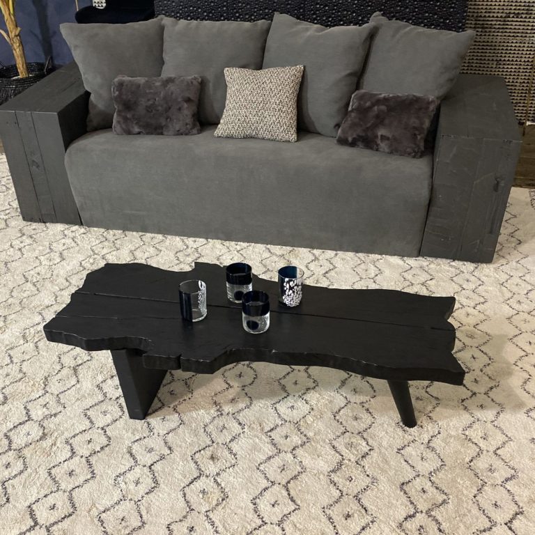 LITCHI BURNT WOOD COFFEE TABLE | METAL BASE | BLACK - Green Design Gallery