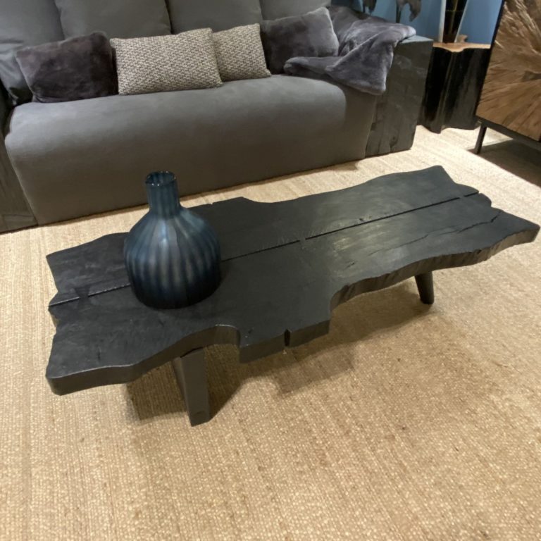 LITCHI BURNT WOOD COFFEE TABLE | METAL BASE | BLACK - Green Design Gallery