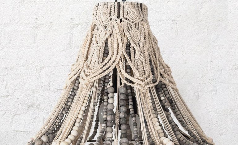 MACRAME HANDMADE CLAY BEADED CHANDELIER | LARGE | GREY - Green Design Gallery
