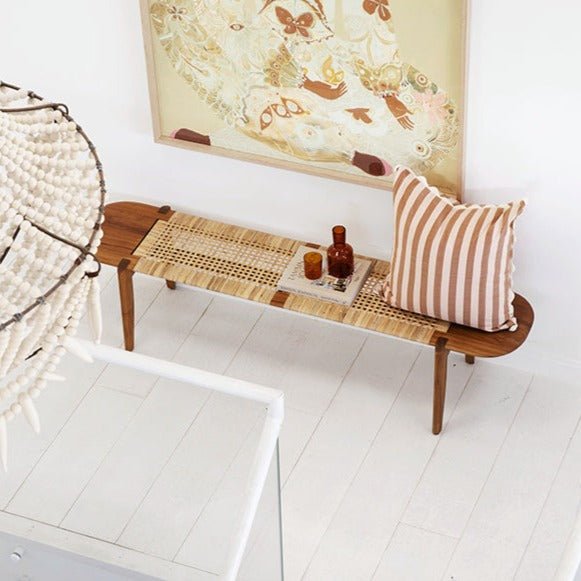 MALIBU BENCH | NATURAL TEAK + RATTAN - Green Design Gallery