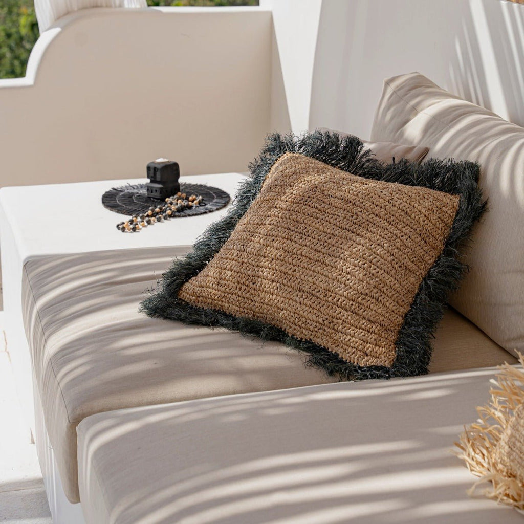 RAFFIA CUSHION COVER | SQUARE | NATURAL+BLACK | 60 x 60 CM - Green Design Gallery
