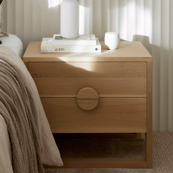 SOLARIS (BED)SIDE TABLE | ROUND HANDLE | BLOND OAK - Green Design Gallery