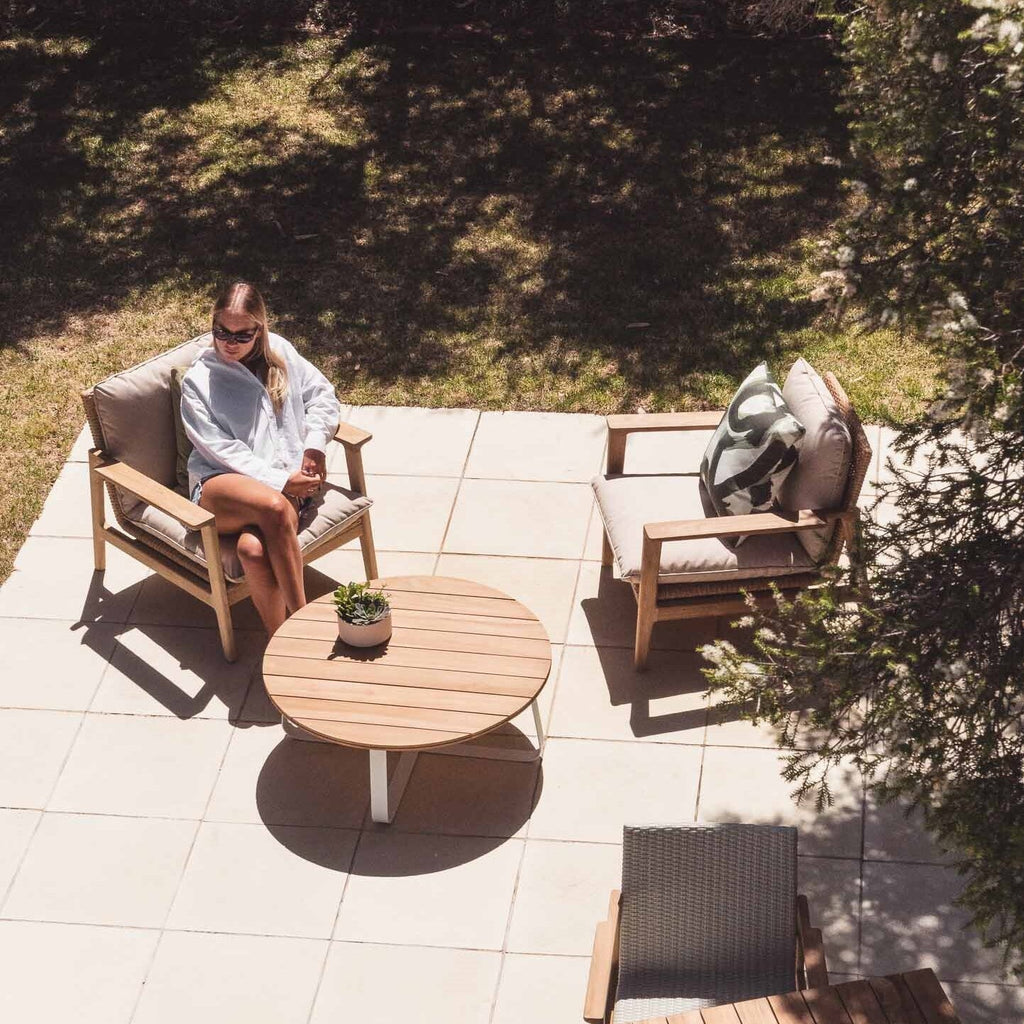 SORAYA OUTDOOR LOUNGE CHAIR | NATURAL WEAVE +SUNBRELLA LINEN - Green Design Gallery