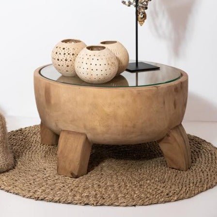 TIMBER SIDE TABLE | NATURAL | GLASS TOP - Green Design Gallery